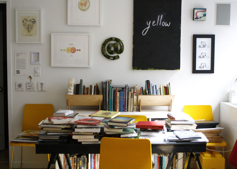 Popova's home office in Brooklyn, NY, where stacks of books rule the roost.